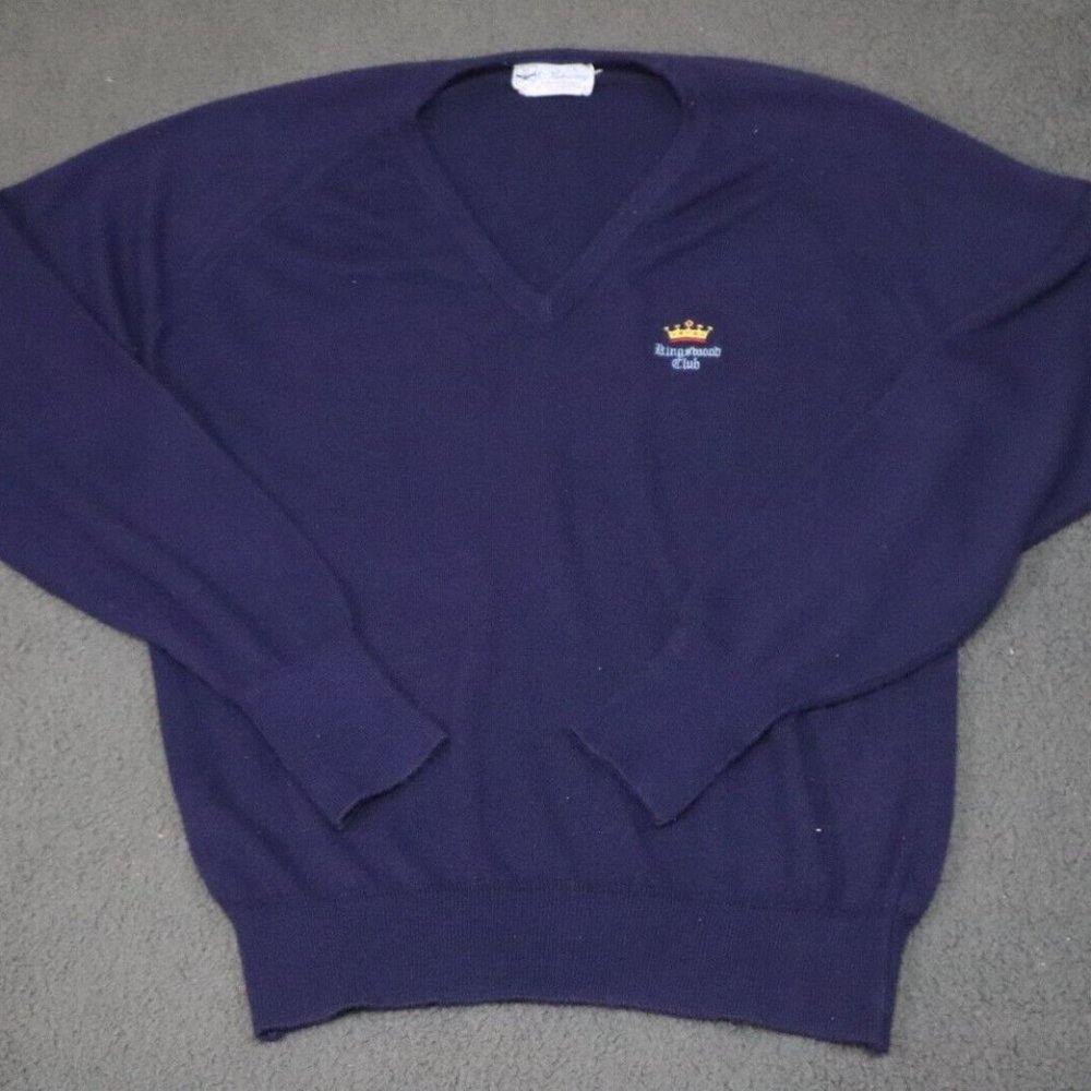 Vintage Pickering Sweatshirt Mens Size L Blue V-Neck Crown Embroidery Ribbed Hem